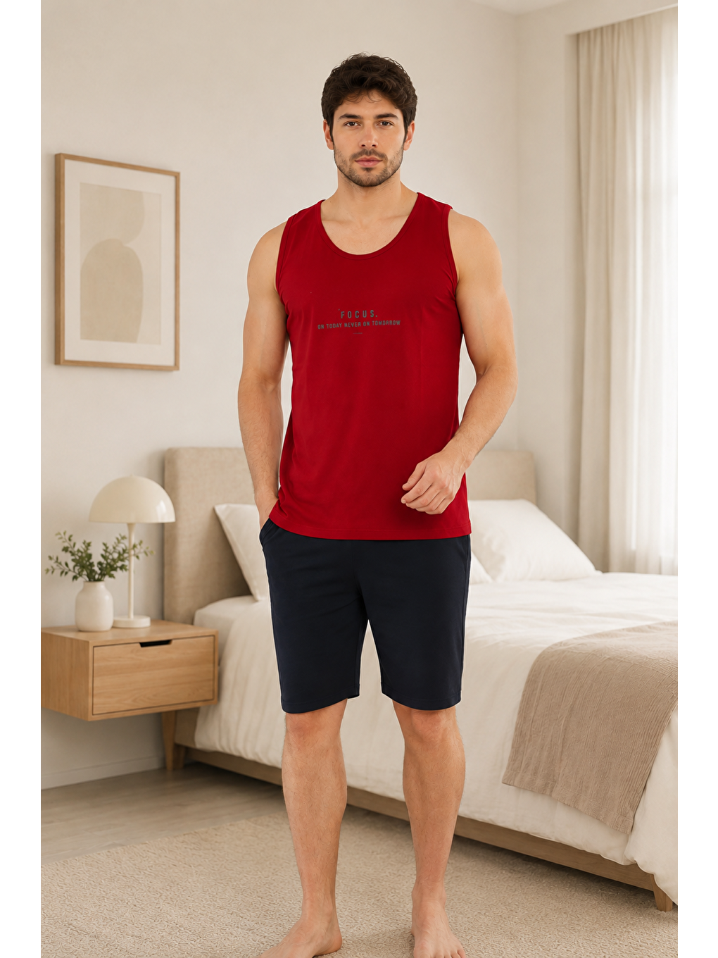Kırmızı Premıum Erkek Viskon Yüksek Kalite Düğmeli Sıfır Yaka Cepli Battal Pijama Takımı