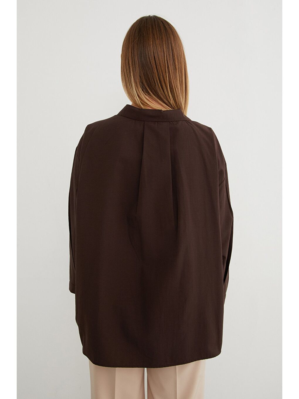 Kahverengi Basic Tek Cepli Oversize Gömlek-4