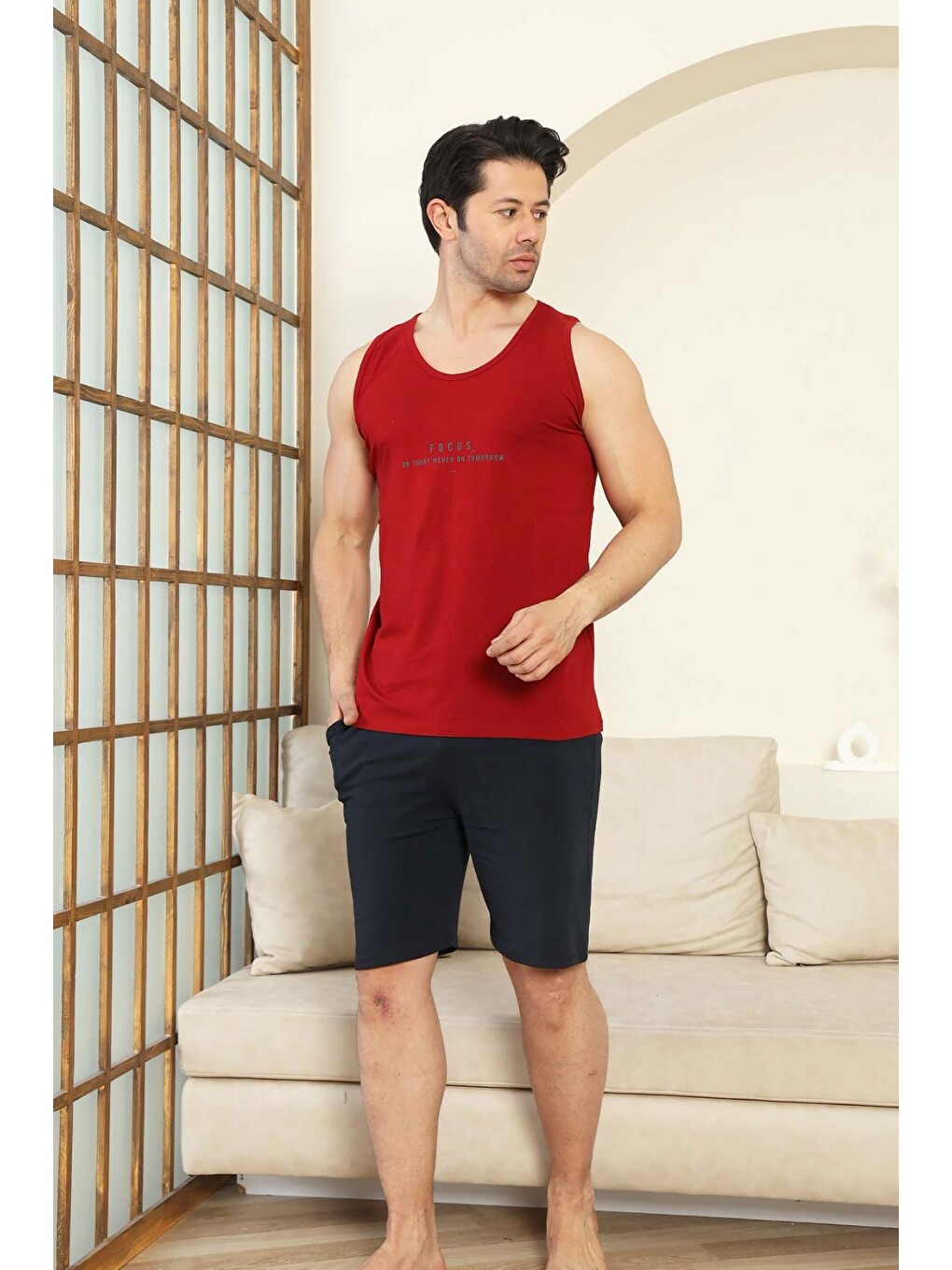 Kırmızı Premıum Erkek Viskon Yüksek Kalite Düğmeli Sıfır Yaka Cepli Battal Pijama Takımı-1