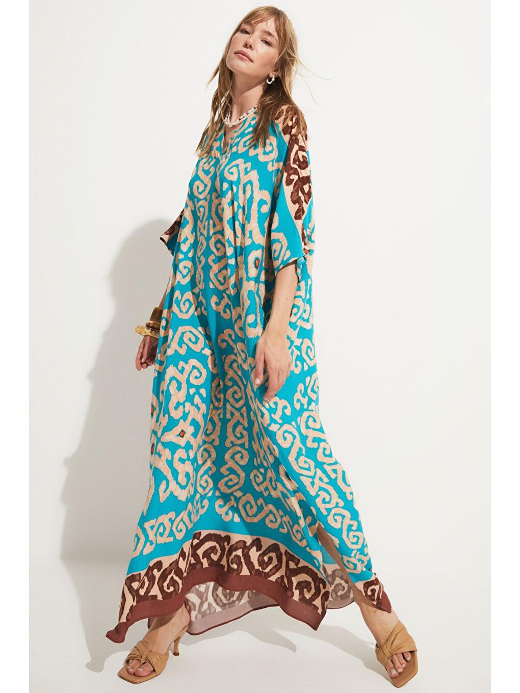 June Mavi Desenli Kaftan Elbise