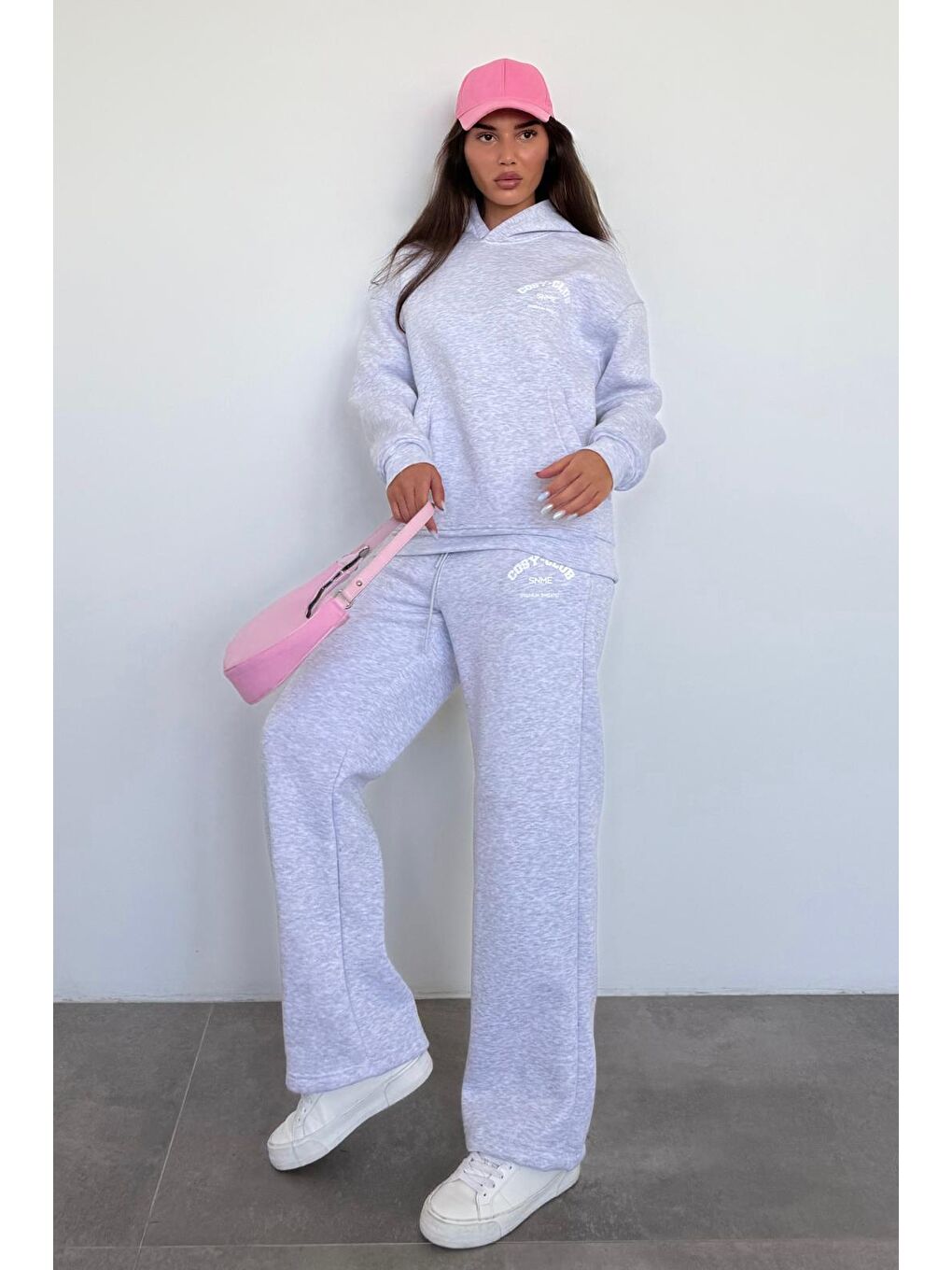 Beyaz Karmelanj Kapüşonlu Baskılı Kadın Eşofman Takımı Mg2524-10