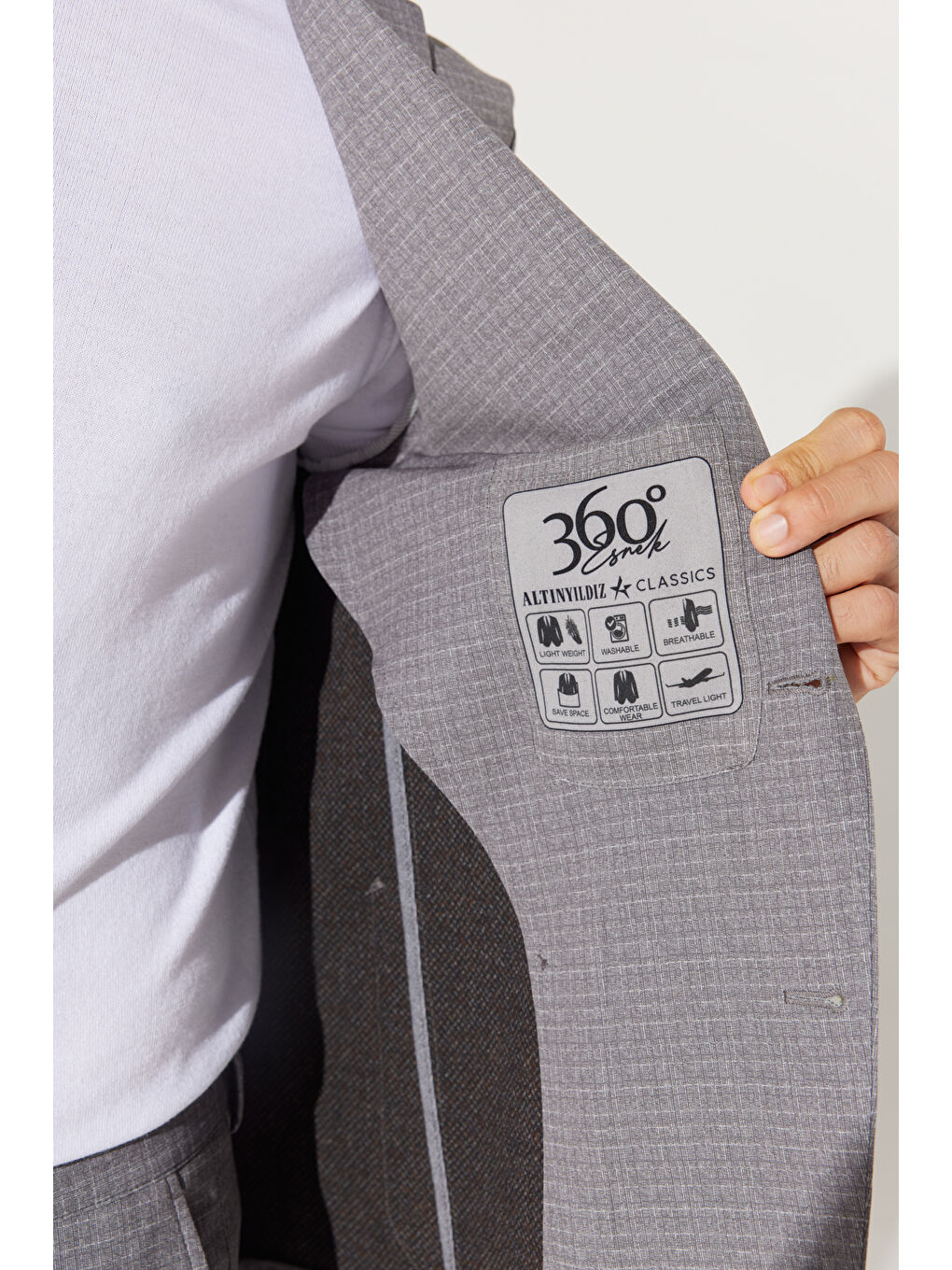 Erkek Bej Slim Fit Dar Kesim Mono Yaka Seyahat Çantalı Desenli Takım Elbise-7