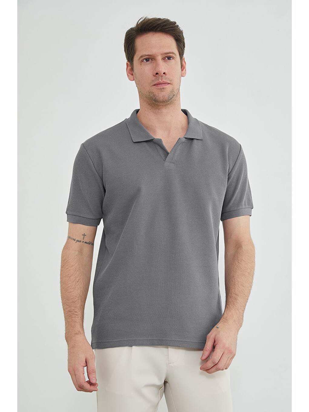 Gri Fitilli Polo Yaka Triko Tişört-1