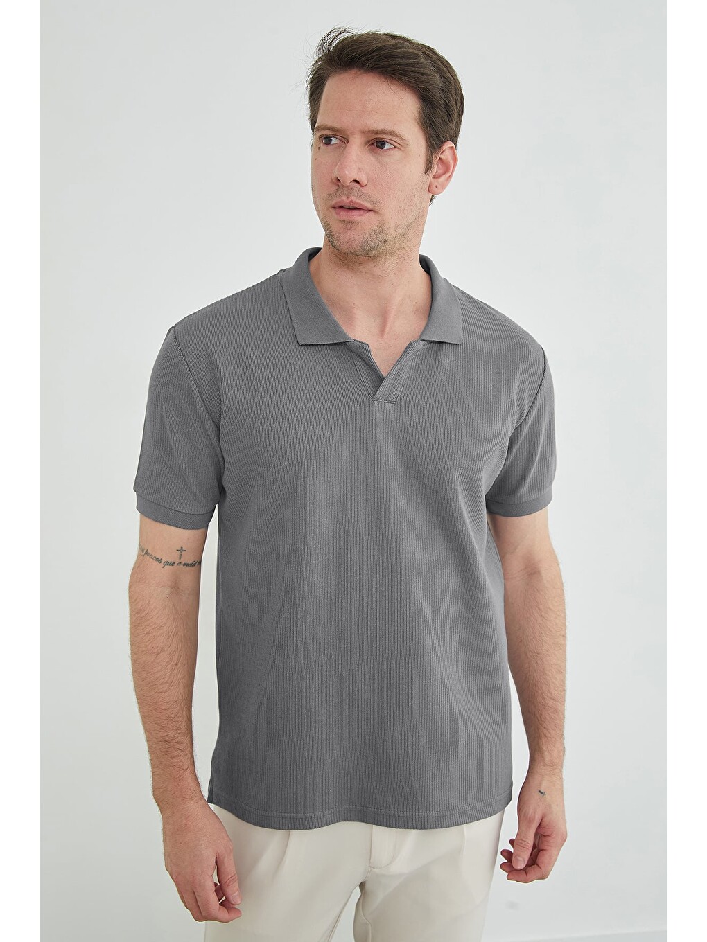 Gri Fitilli Polo Yaka Triko Tişört-4