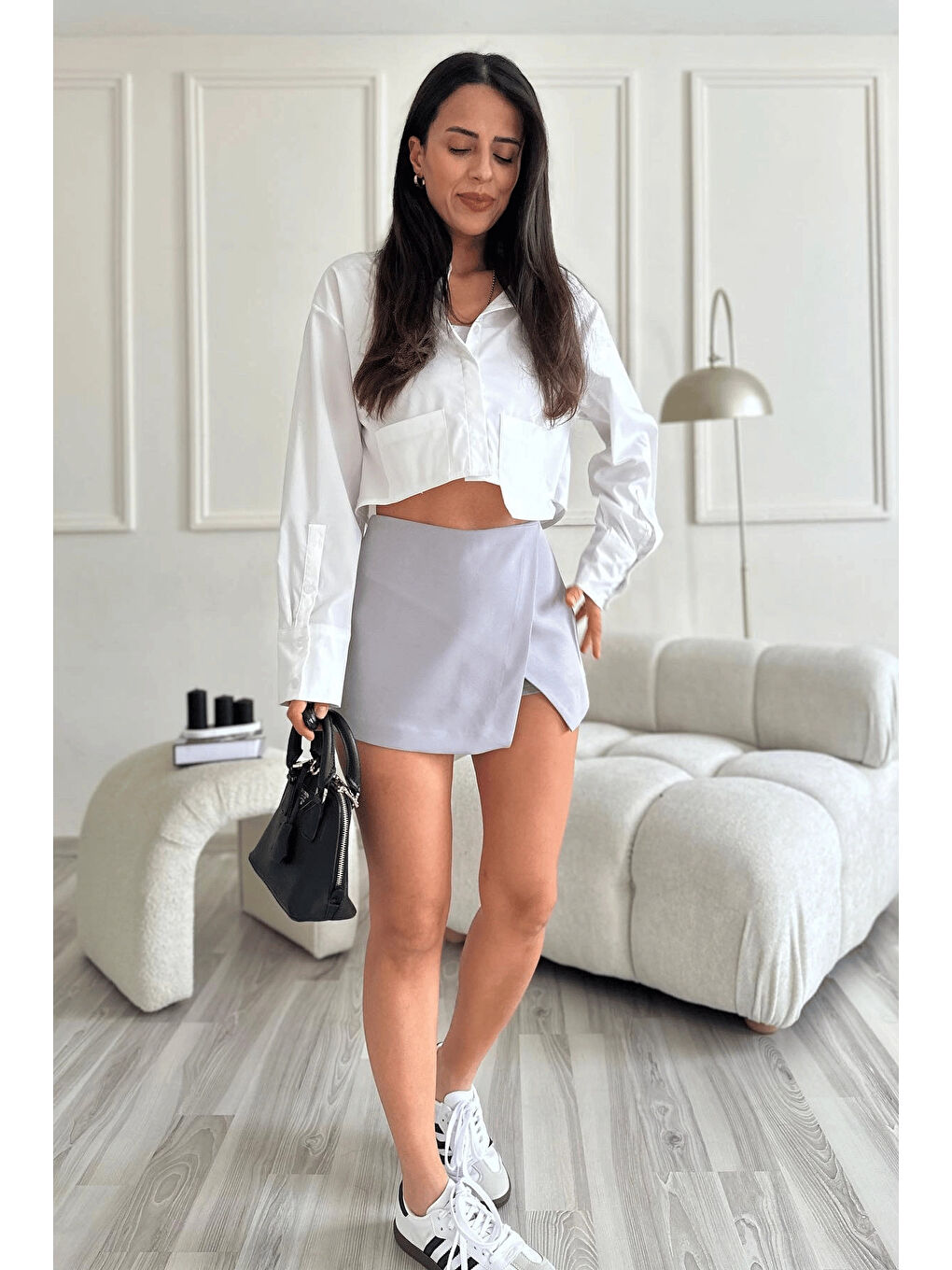 Kadın Gri Asimetrik Kesim Şort Etek HZL25S-ZK10511