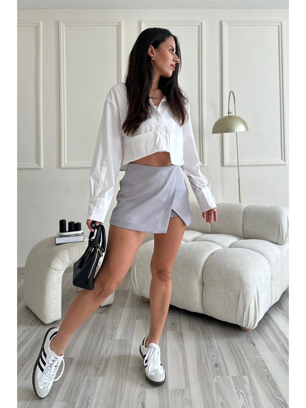 Kadın Gri Asimetrik Kesim Şort Etek HZL25S-ZK10511-1