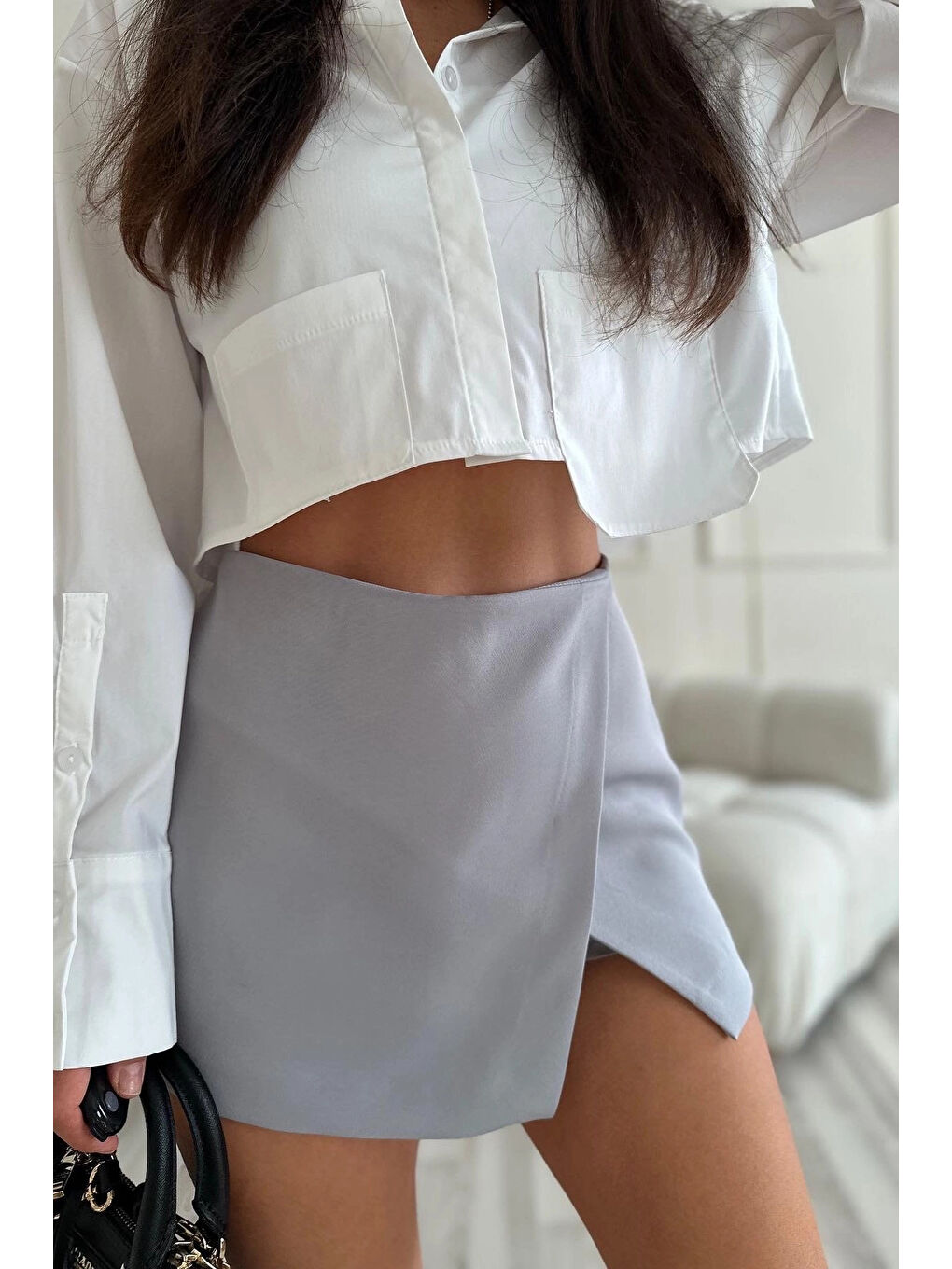 Kadın Gri Asimetrik Kesim Şort Etek HZL25S-ZK10511-2