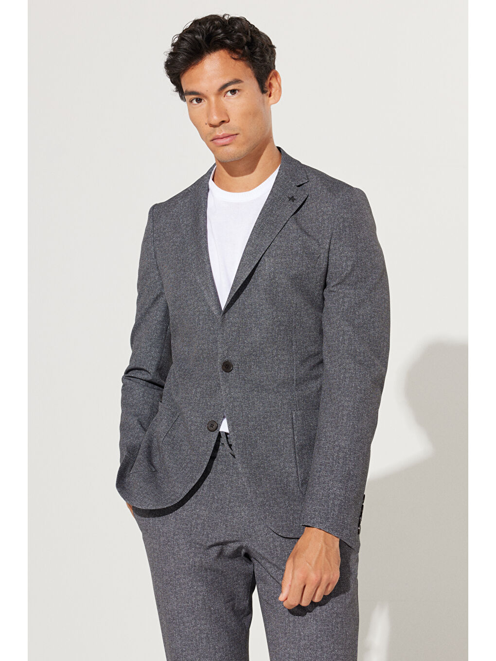 Erkek Antrasit-Beyaz Slim Fit Dar Kesim Mono Yaka Desenli Takım Elbise