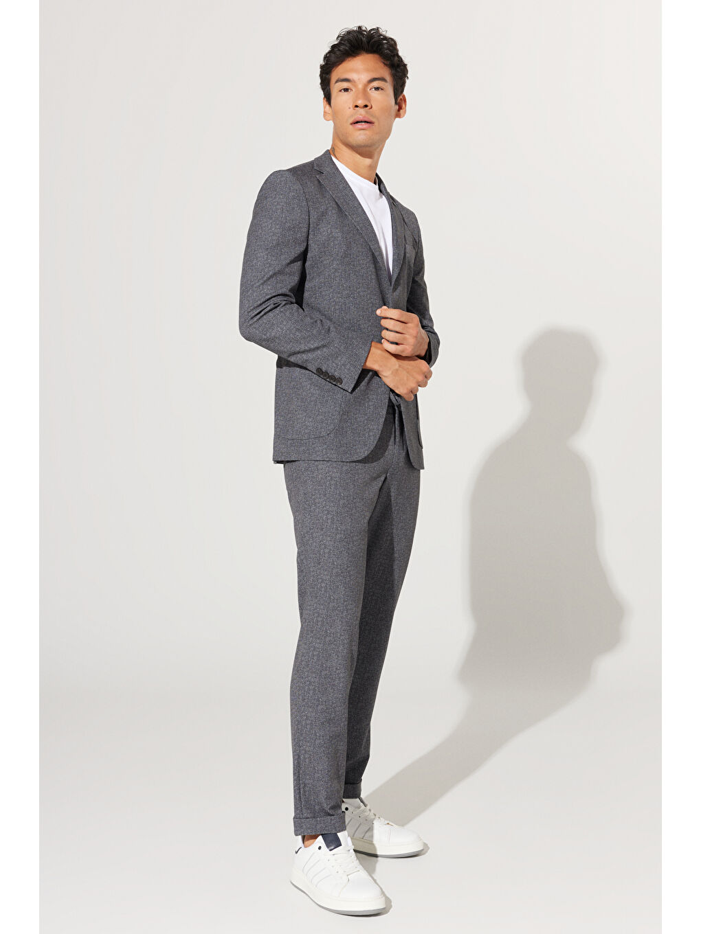 Erkek Antrasit-Beyaz Slim Fit Dar Kesim Mono Yaka Desenli Takım Elbise-2