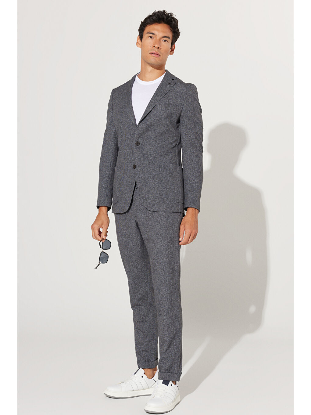 Erkek Antrasit-Beyaz Slim Fit Dar Kesim Mono Yaka Desenli Takım Elbise-3