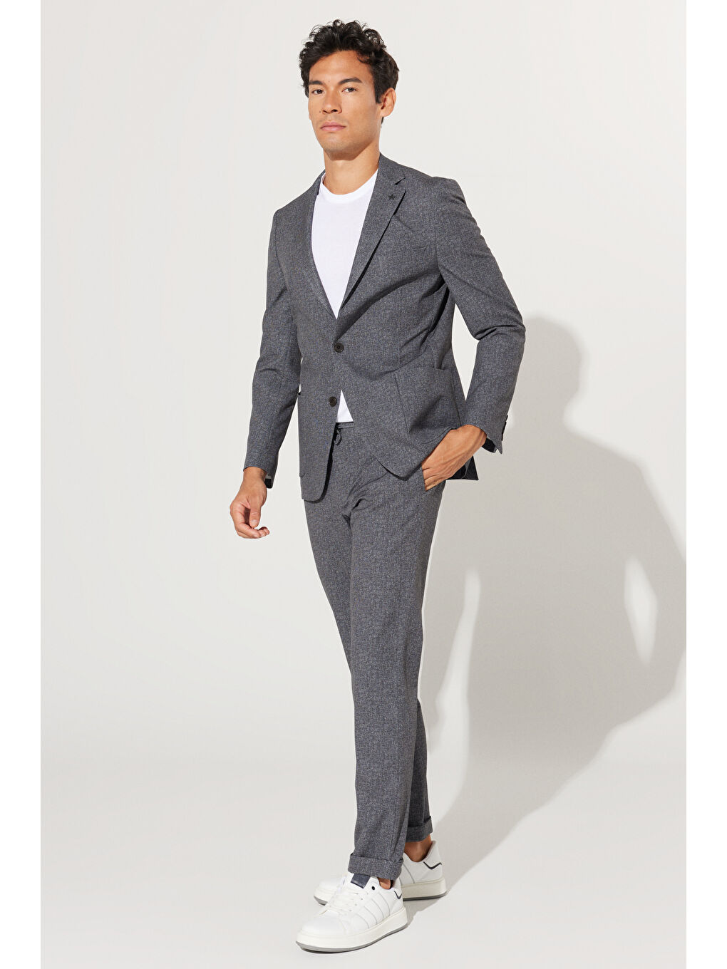 Erkek Antrasit-Beyaz Slim Fit Dar Kesim Mono Yaka Desenli Takım Elbise-4