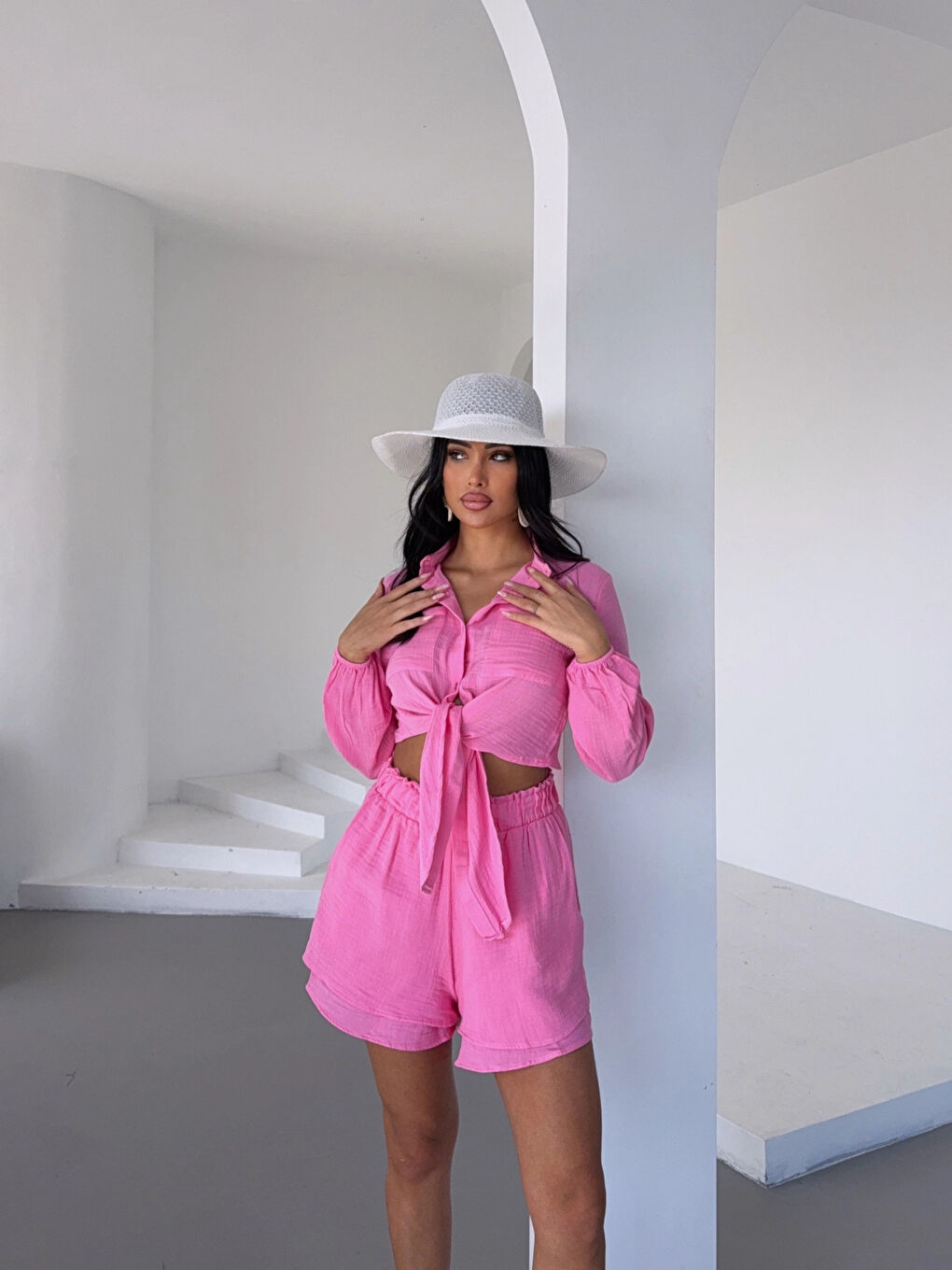 Kadın Pembe Müslin Keten Şort Gömlek Alt Üst Takım HZL25S-DSB1012-2