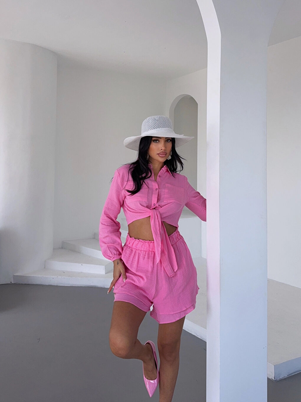 Kadın Pembe Müslin Keten Şort Gömlek Alt Üst Takım HZL25S-DSB1012-3