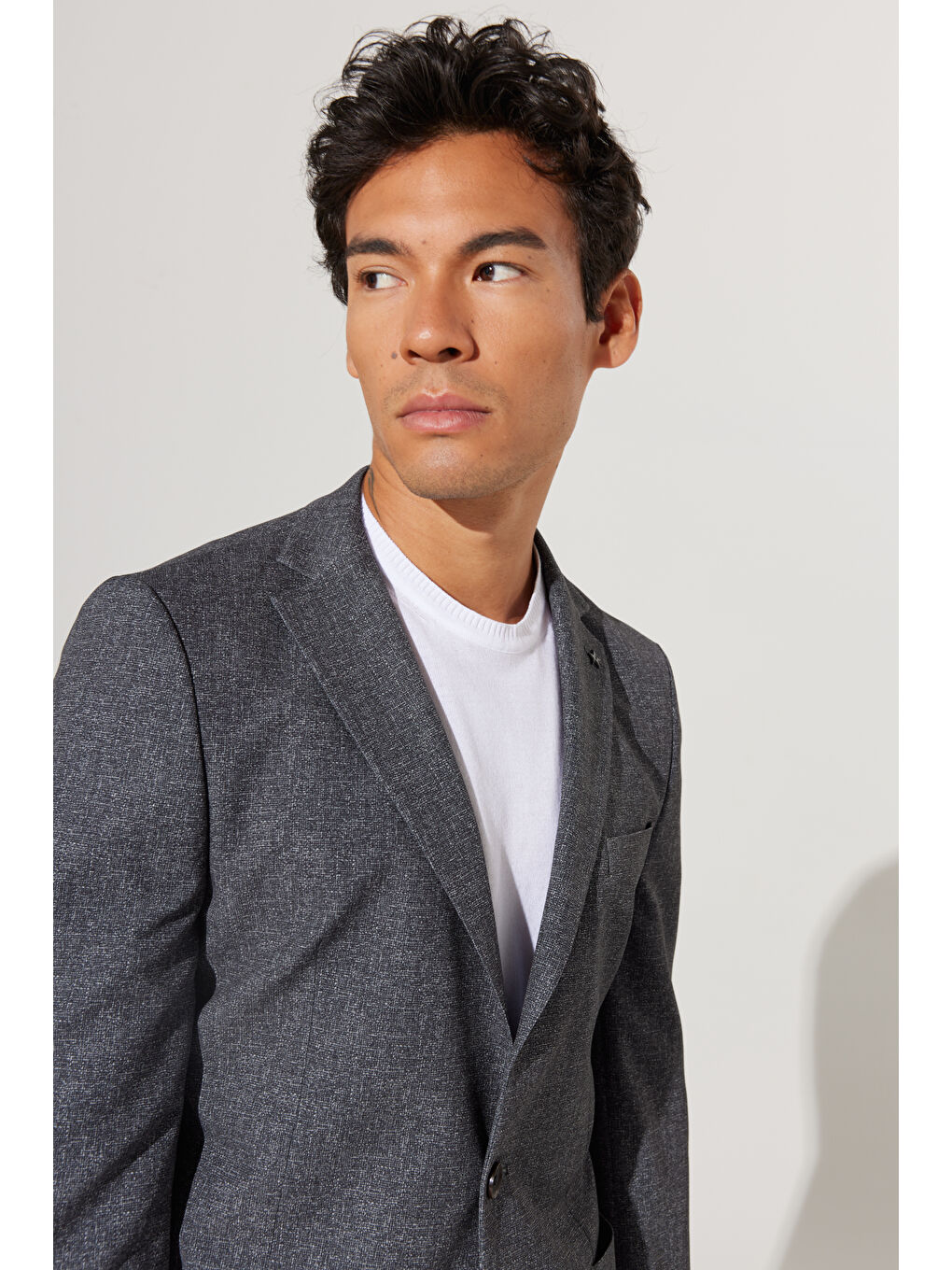 Erkek Antrasit-Beyaz Slim Fit Dar Kesim Mono Yaka Desenli Takım Elbise-5