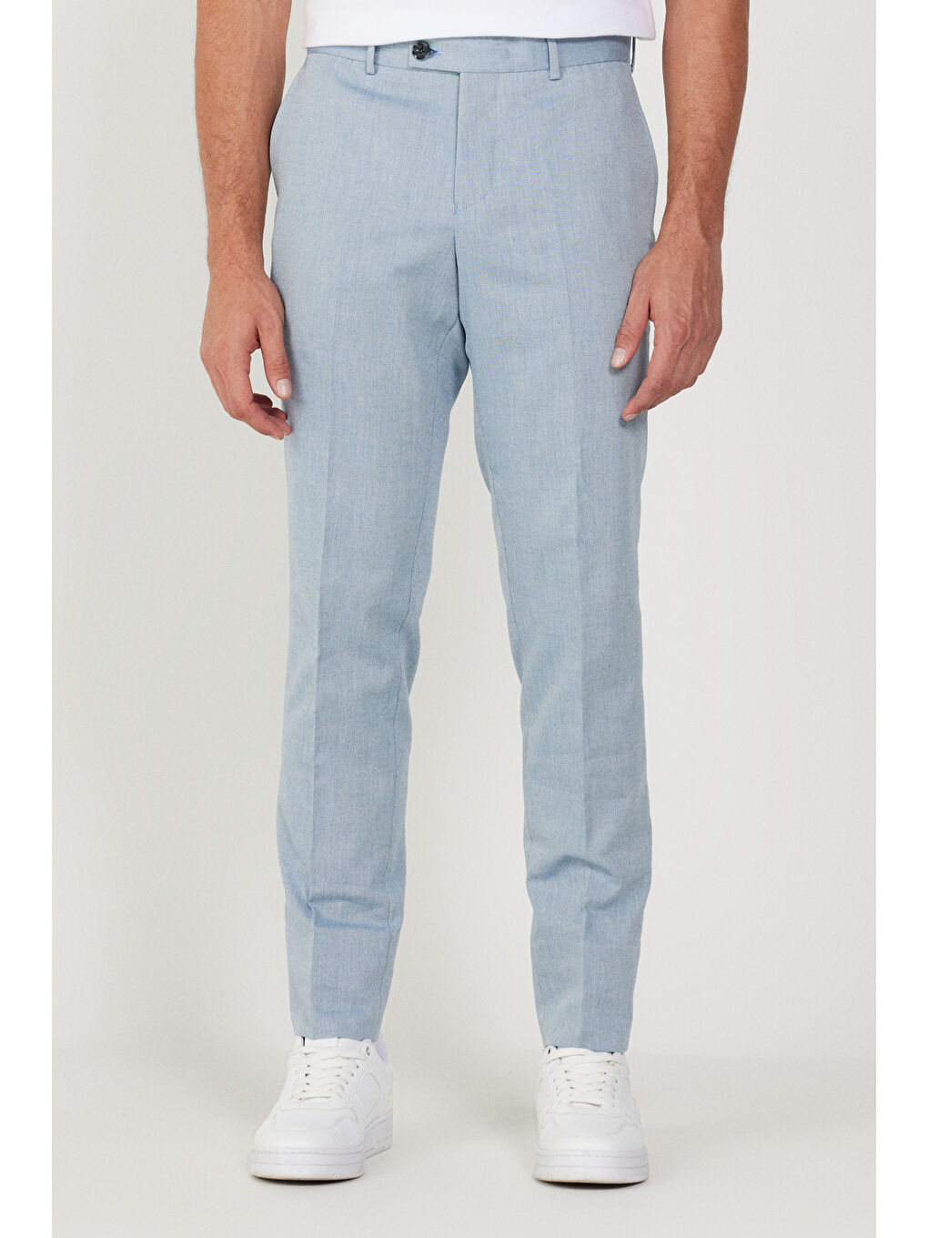 Erkek Mavi Slim Fit Dar Kesim Mono Yaka Diyagonal Desenli Pamuklu Takım Elbise-1