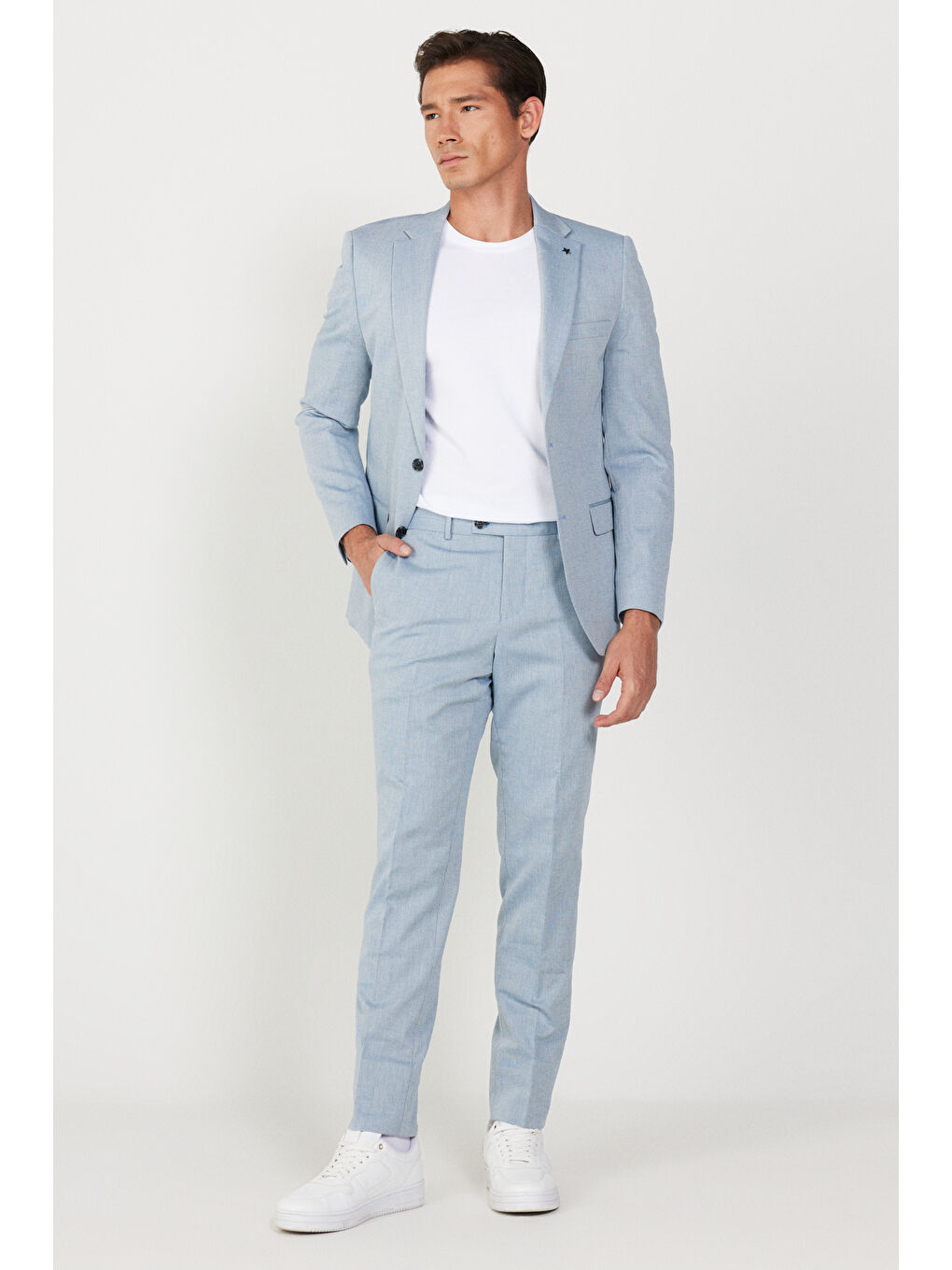 Erkek Mavi Slim Fit Dar Kesim Mono Yaka Diyagonal Desenli Pamuklu Takım Elbise-2