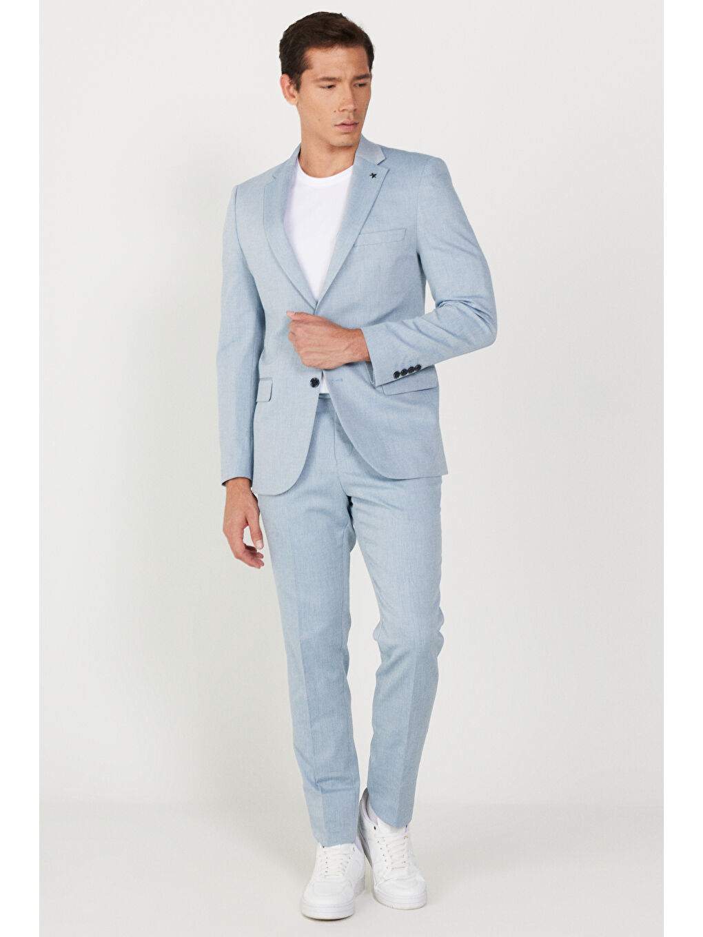 Erkek Mavi Slim Fit Dar Kesim Mono Yaka Diyagonal Desenli Pamuklu Takım Elbise-3