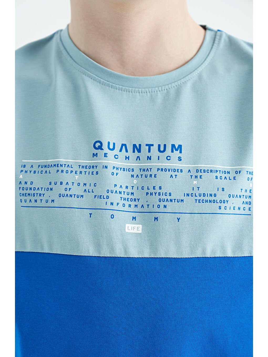 Mavi Saks Yazı Baskılı Renk Bloklu Standart Kalıp O Yaka Erkek Çocuk Tişört - 11134-4