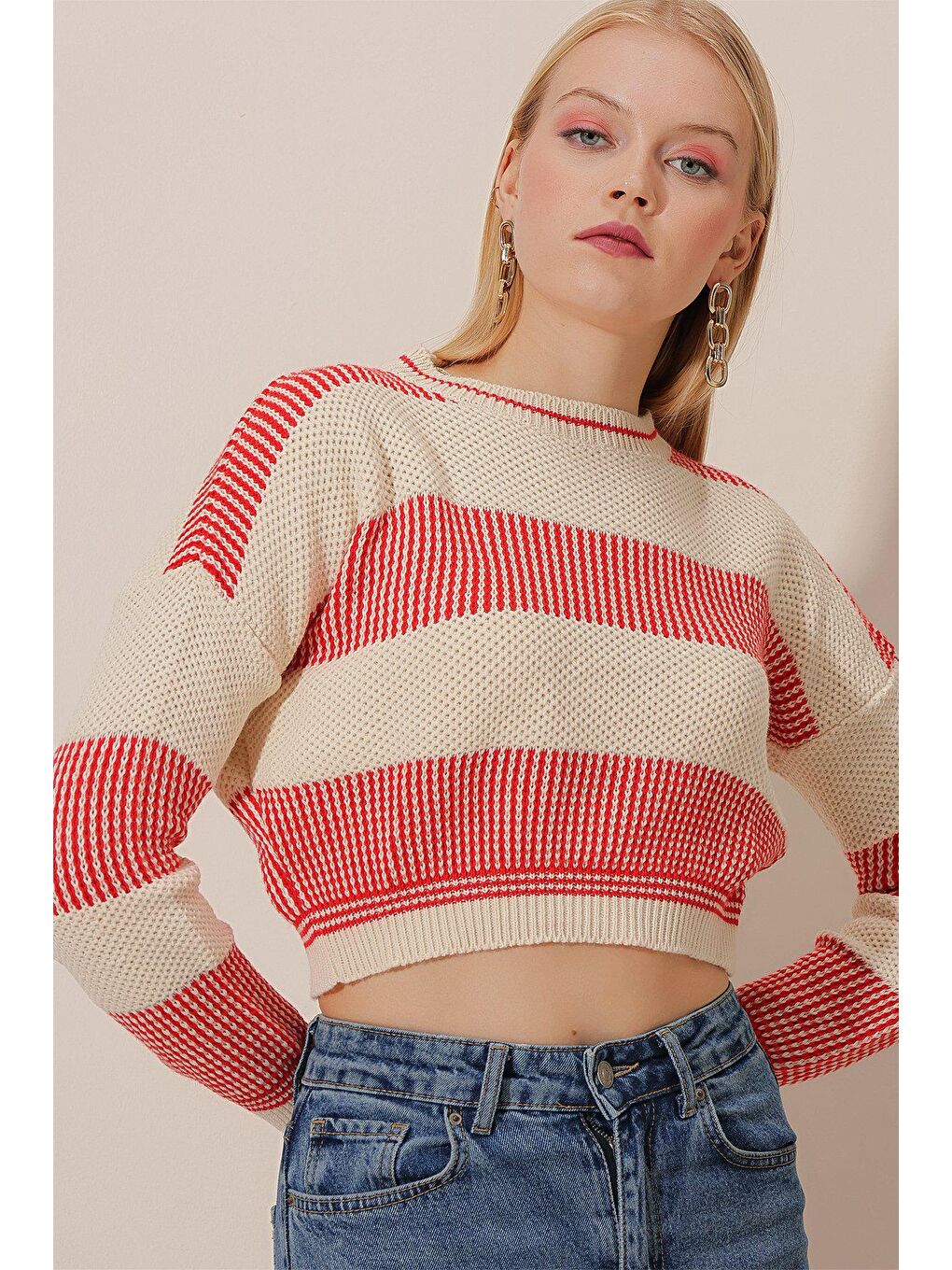 Kırmızı Pirinç Örgü Crop KAZAK-1