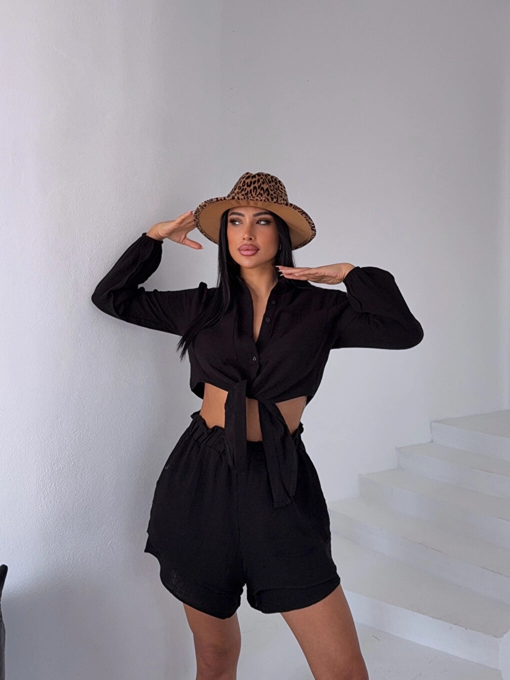 Kadın Siyah Müslin Keten Şort Gömlek Alt Üst Takım HZL25S-DSB1012-3