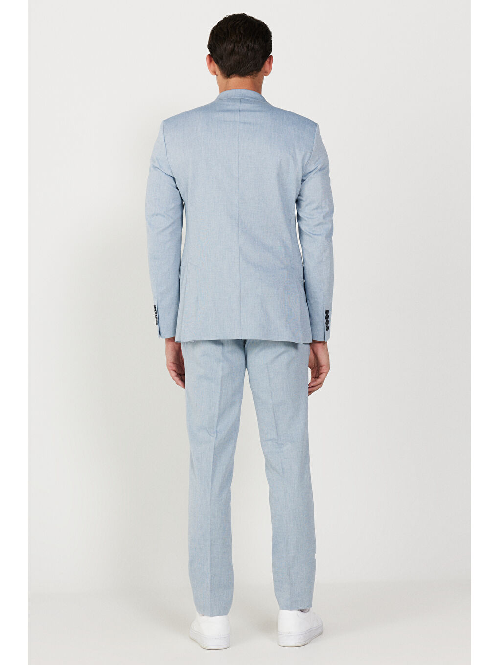 Erkek Mavi Slim Fit Dar Kesim Mono Yaka Diyagonal Desenli Pamuklu Takım Elbise-5