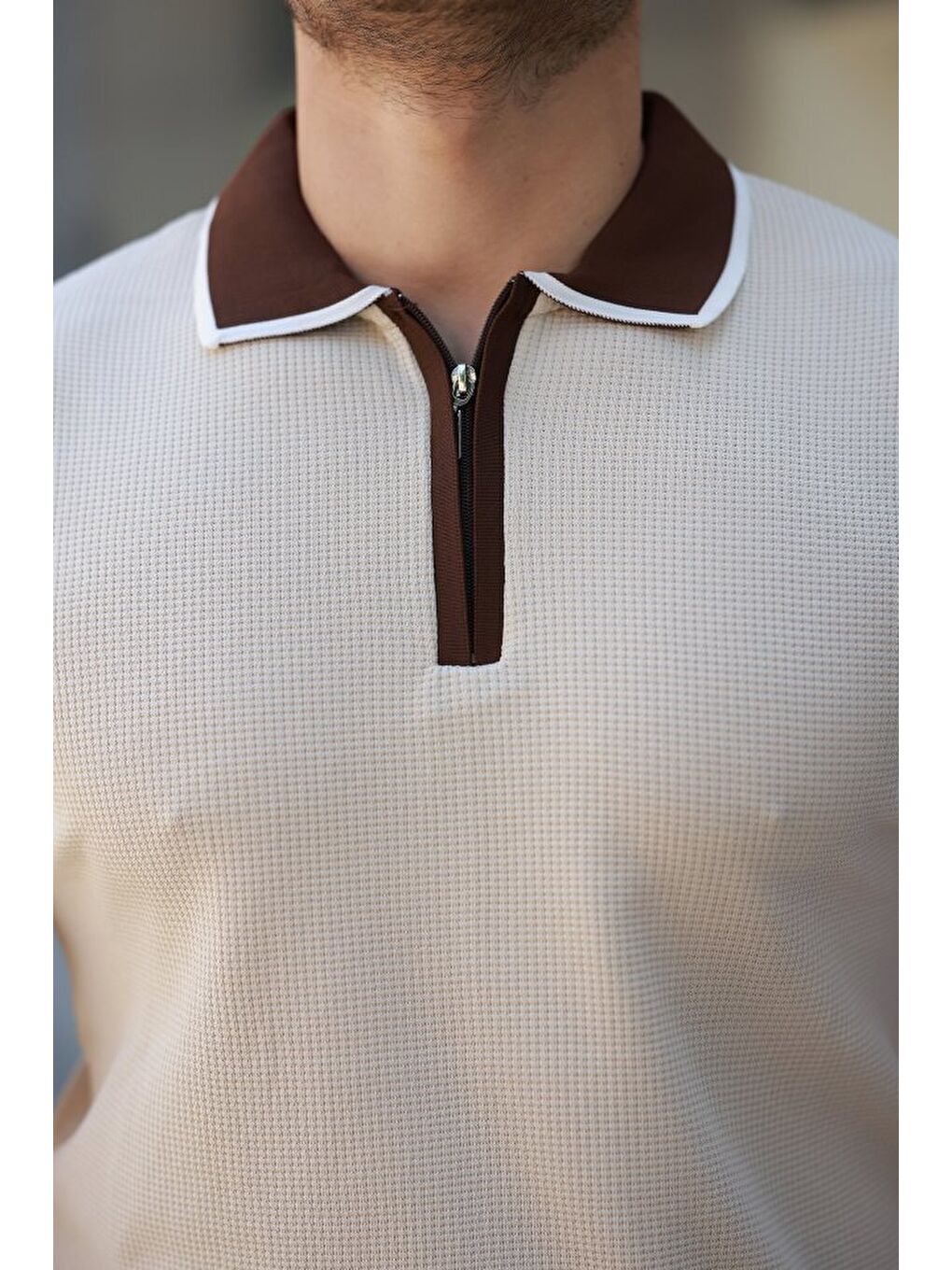 Bej Erkek Renkli Yaka Kısa Kollu Tişört-2