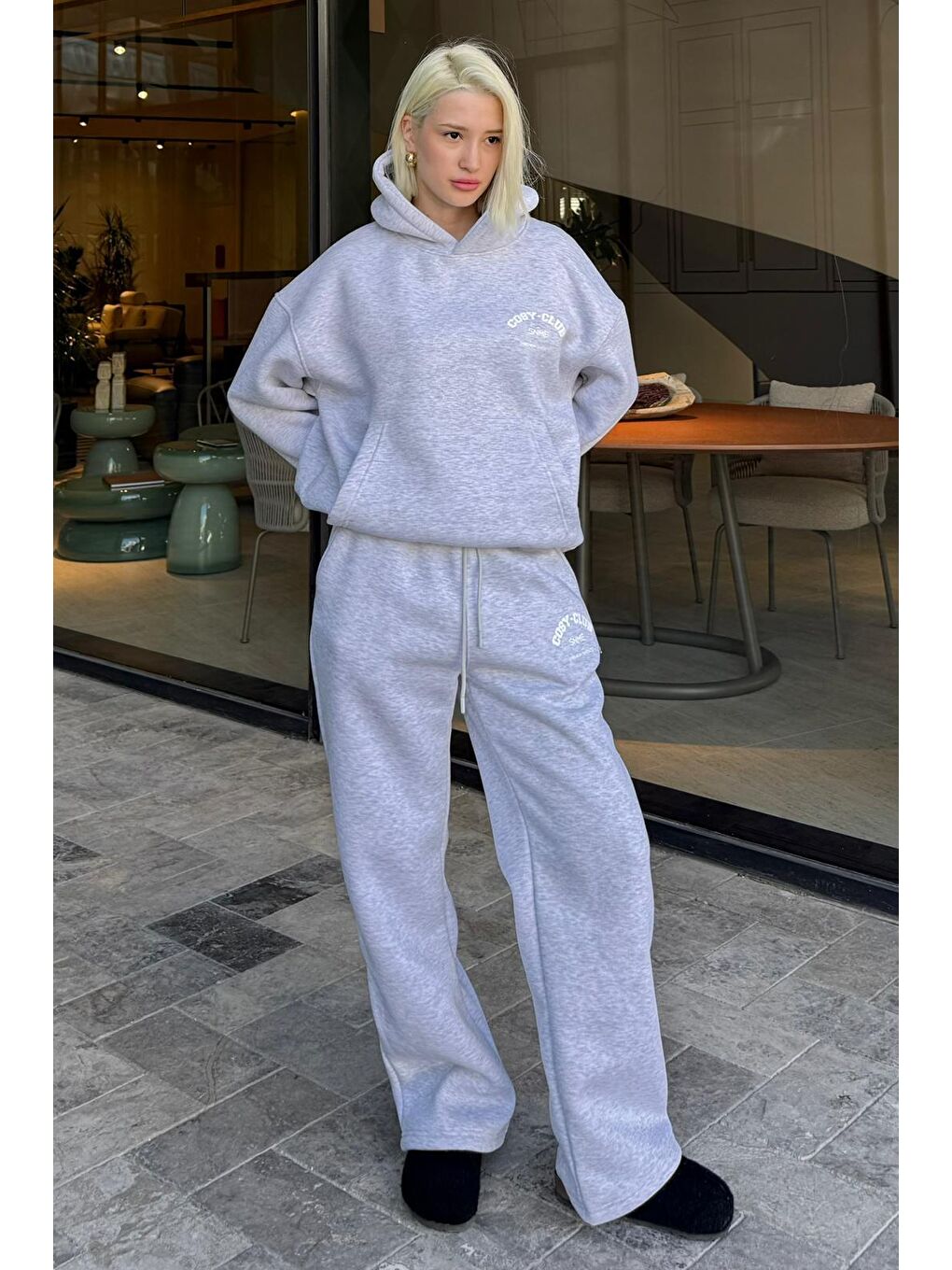 Beyaz Karmelanj Kapüşonlu Baskılı Kadın Eşofman Takımı Mg2524-11