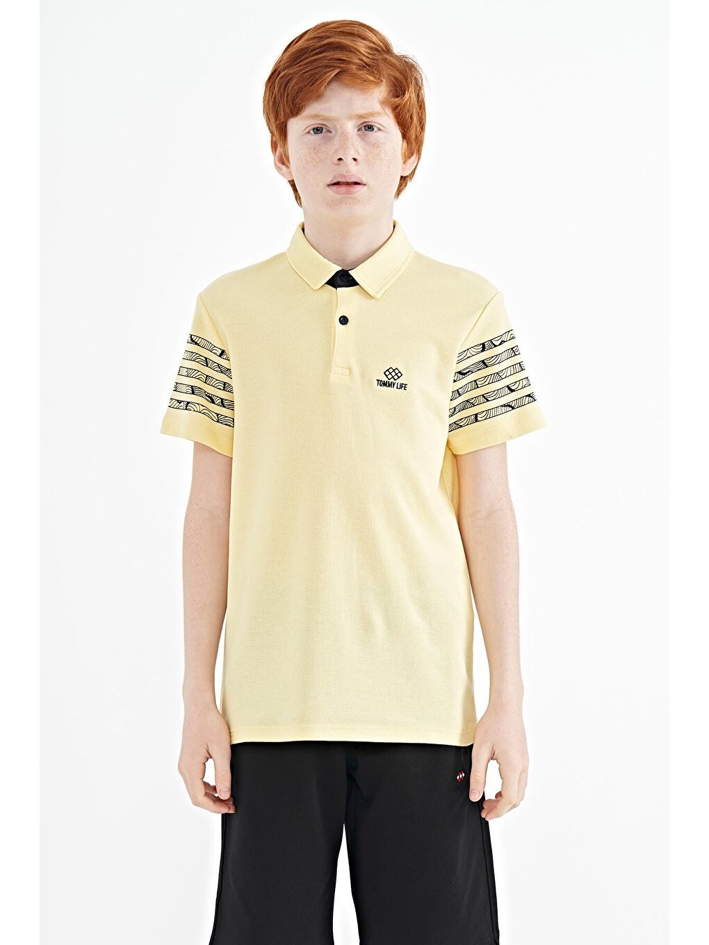 Sarı Kol Baskı Detaylı Standart Kalıp Polo Yaka Erkek Çocuk Tişört - 11093