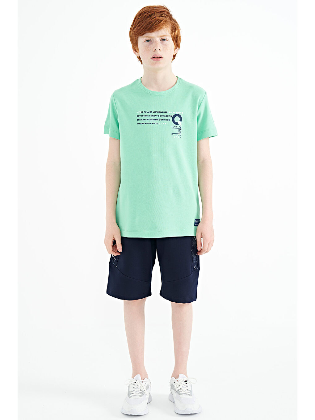 Turkuaz Su Yeşili Baskı Detaylı O Yaka Standart Kalıp Erkek Çocuk Tişört - 11145-1