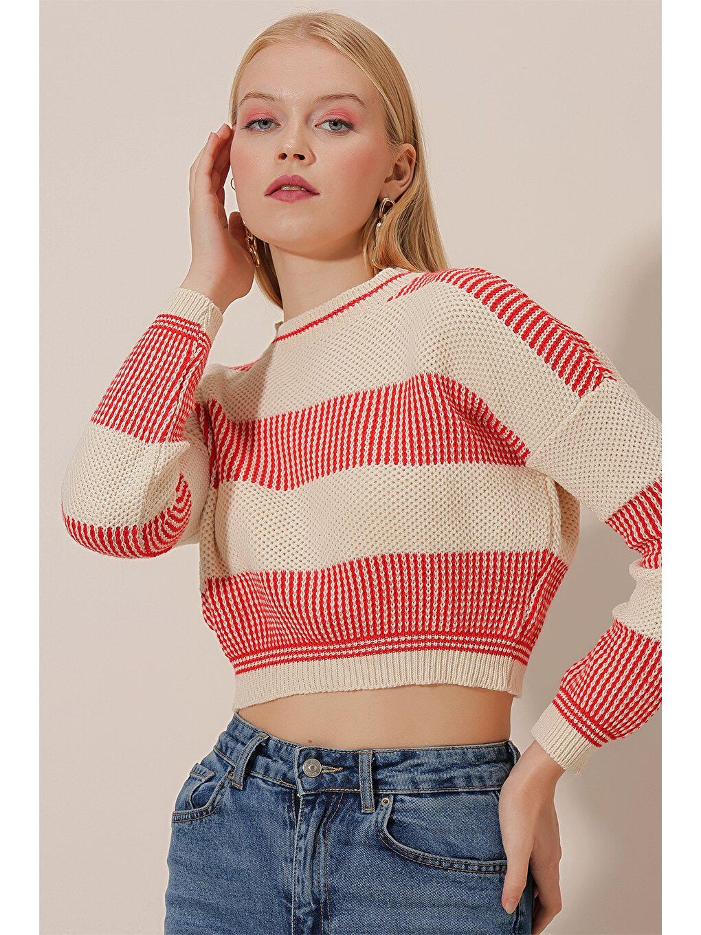 Kırmızı Pirinç Örgü Crop KAZAK-2