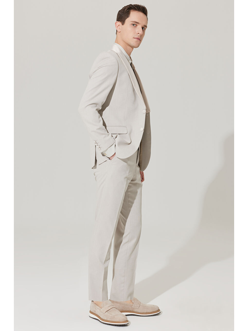 Erkek Bej Slim Fit Dar Kesim Şal Yaka Diyagonal Desenli Smokin Takım-2