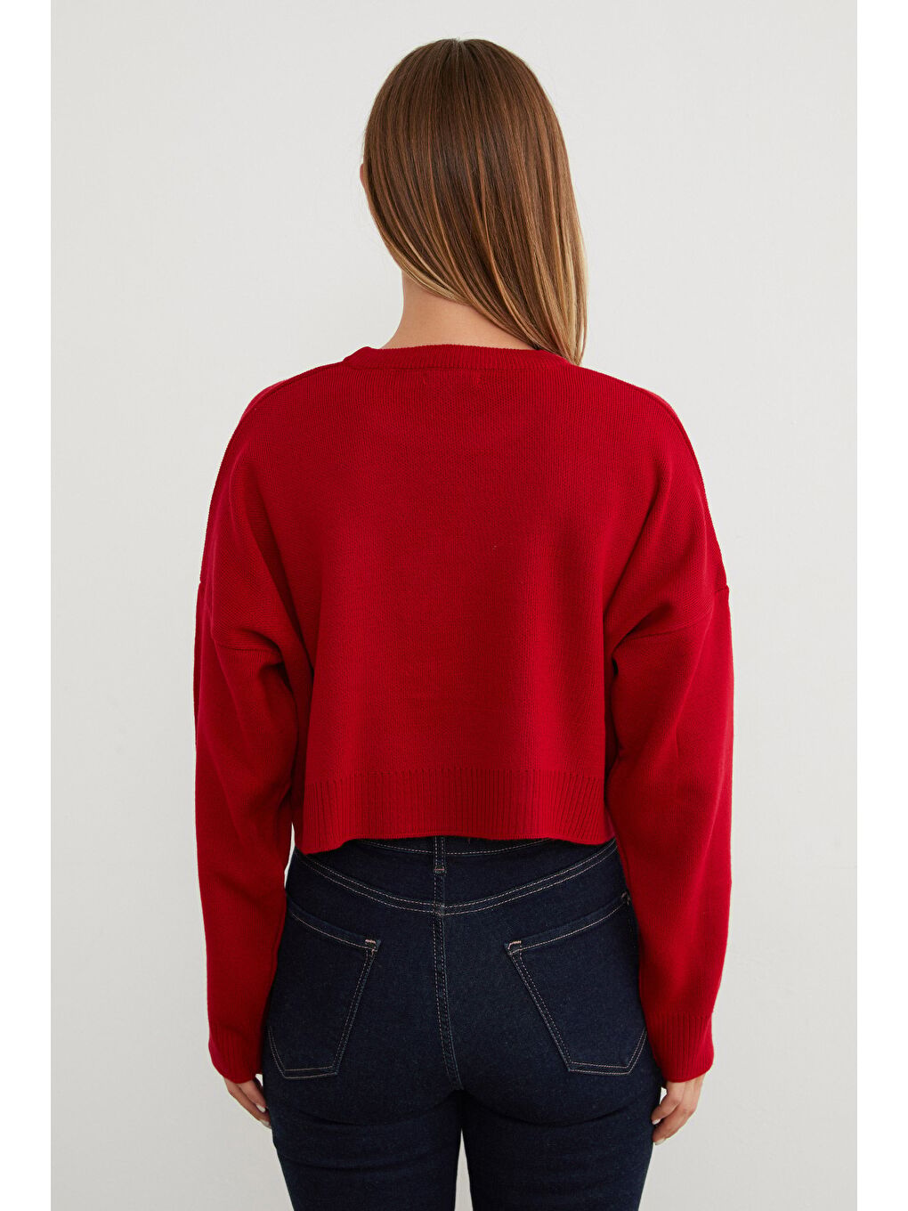 Kırmızı Ayıcık Nakışlı Oversize Crop Kazak-2