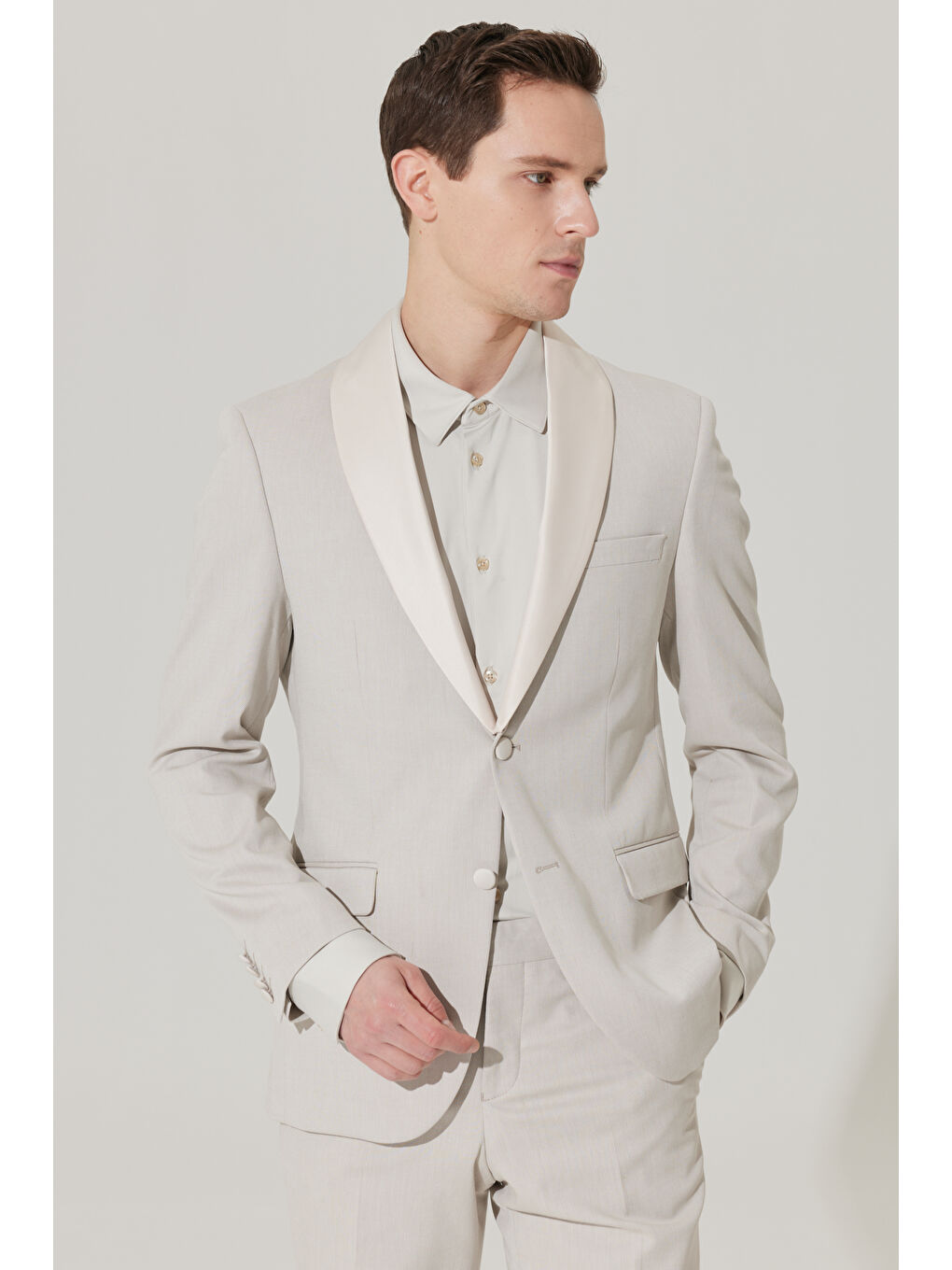 Erkek Bej Slim Fit Dar Kesim Şal Yaka Diyagonal Desenli Smokin Takım-5