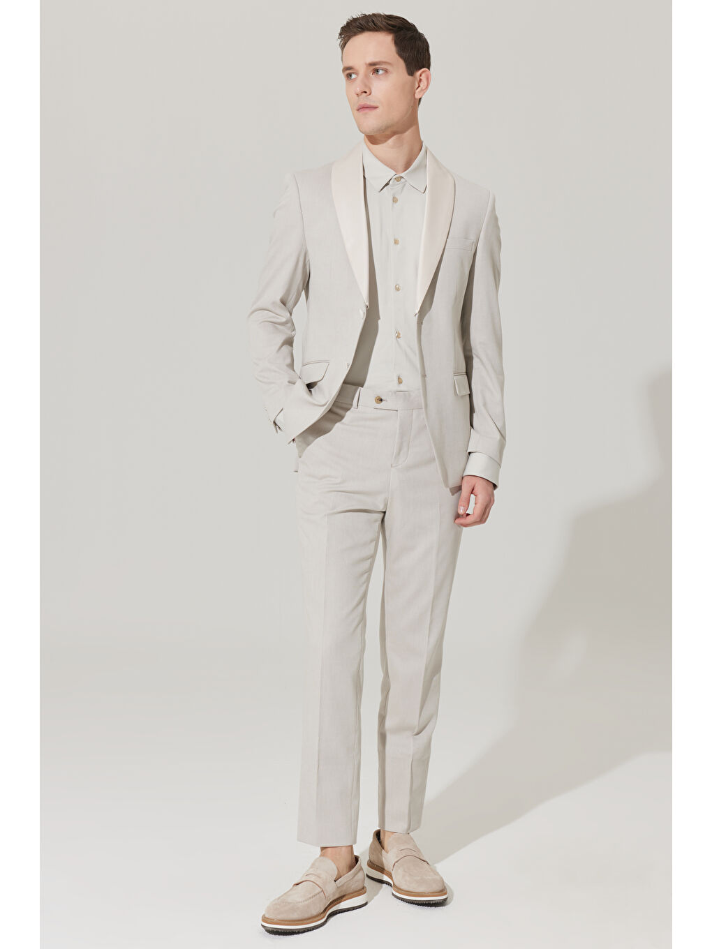 Erkek Bej Slim Fit Dar Kesim Şal Yaka Diyagonal Desenli Smokin Takım-6