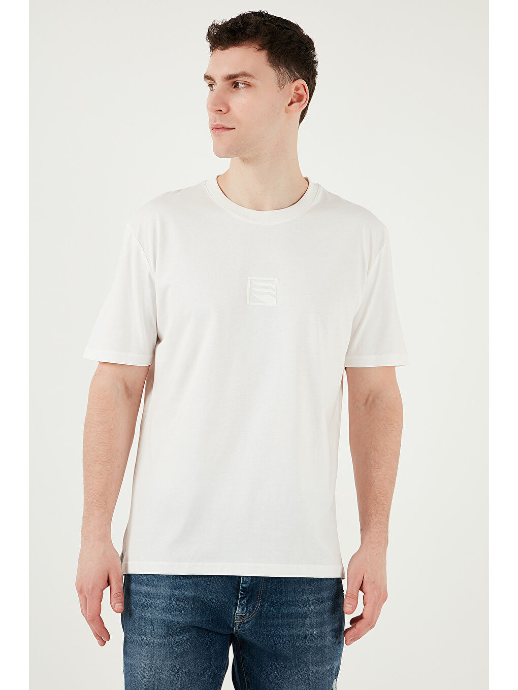 Ekru Pamuklu Regular Fit Bisiklet Yaka %100 Pamuk Tişört 5902948-3