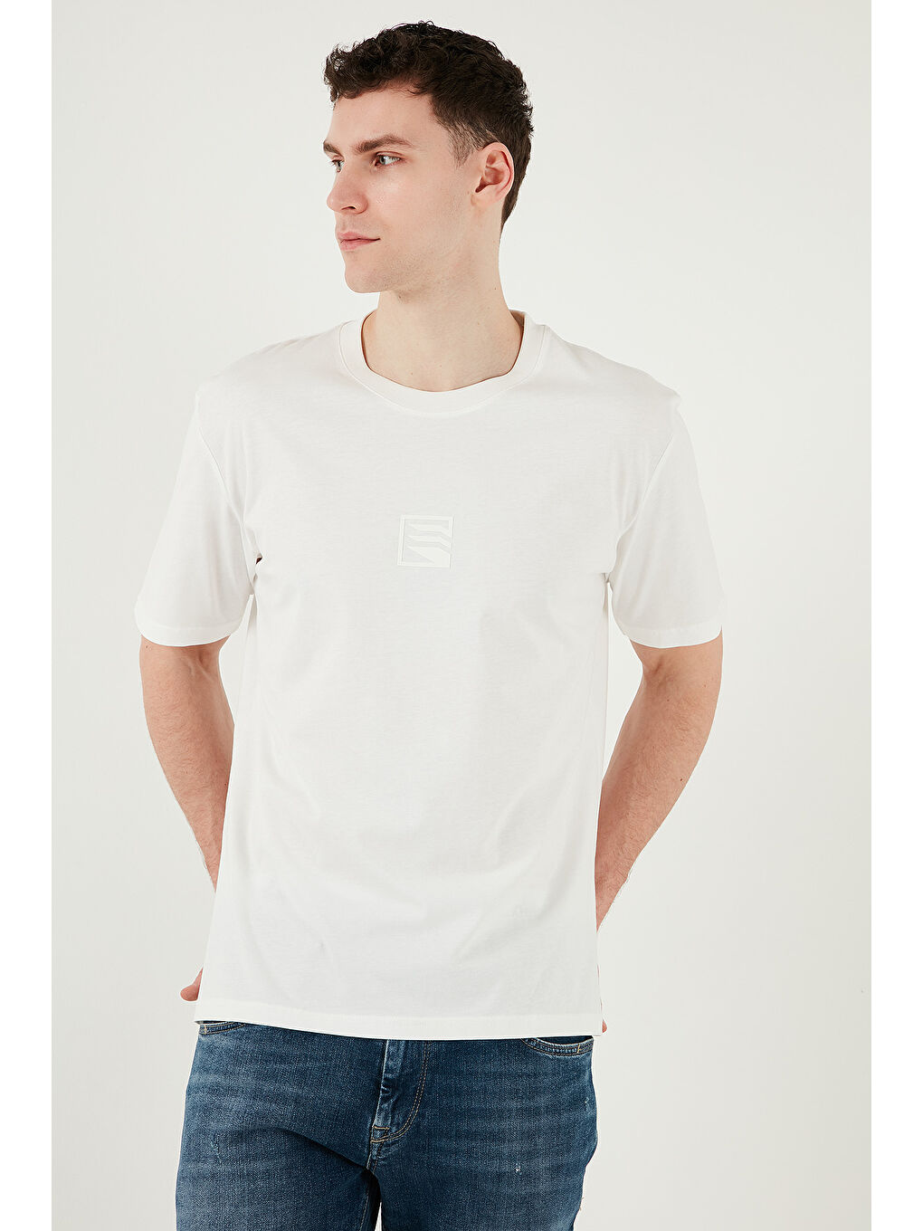 Ekru Pamuklu Regular Fit Bisiklet Yaka %100 Pamuk Tişört 5902948-4