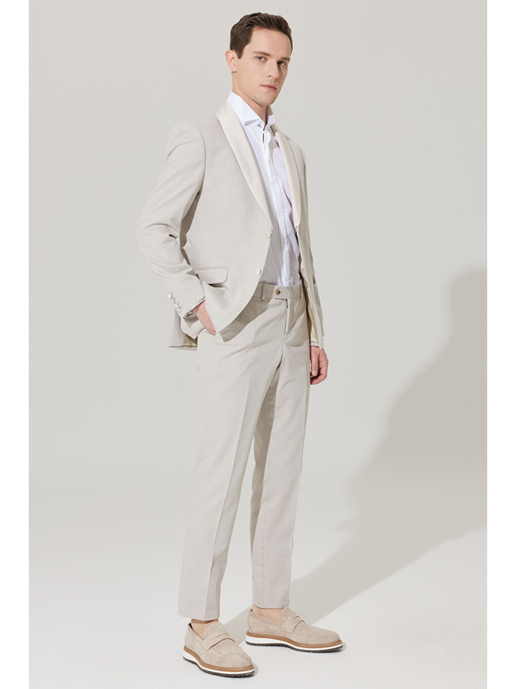 Erkek Bej Slim Fit Dar Kesim Şal Yaka Diyagonal Desenli Smokin Takım-9