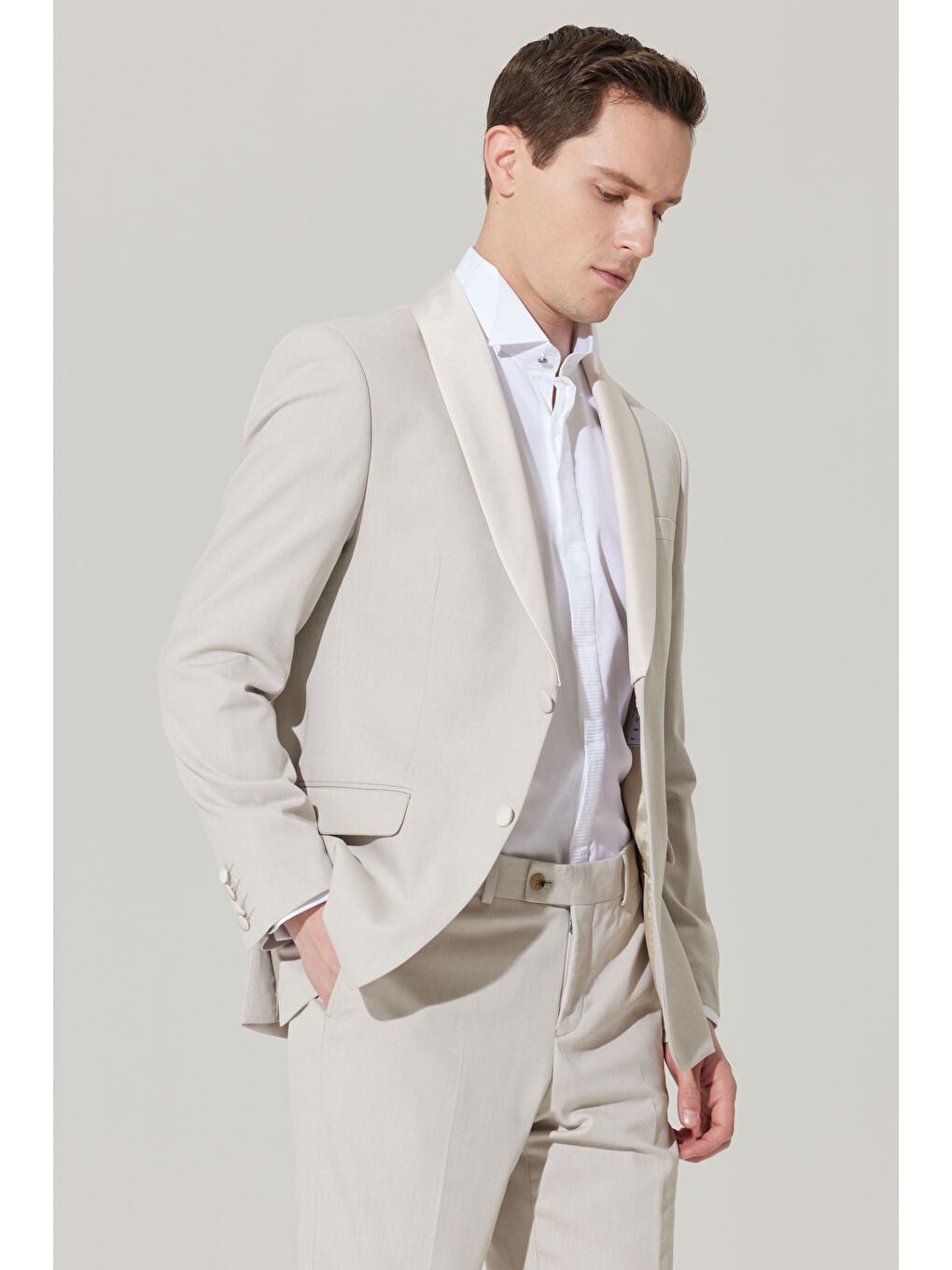 Erkek Bej Slim Fit Dar Kesim Şal Yaka Diyagonal Desenli Smokin Takım-10