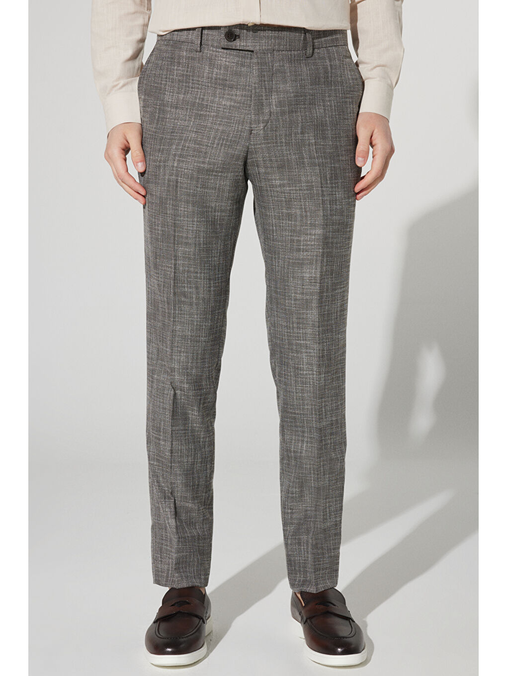 Erkek Kahverengi Slim Fit Dar Kesim Mono Yaka Desenli Takım Elbise-5