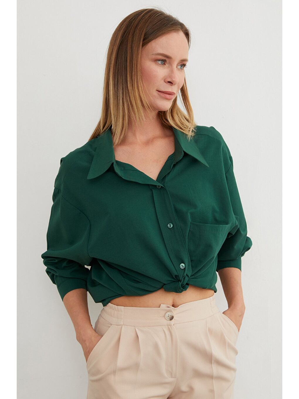 Yeşil Basic Tek Cepli Oversize Gömlek