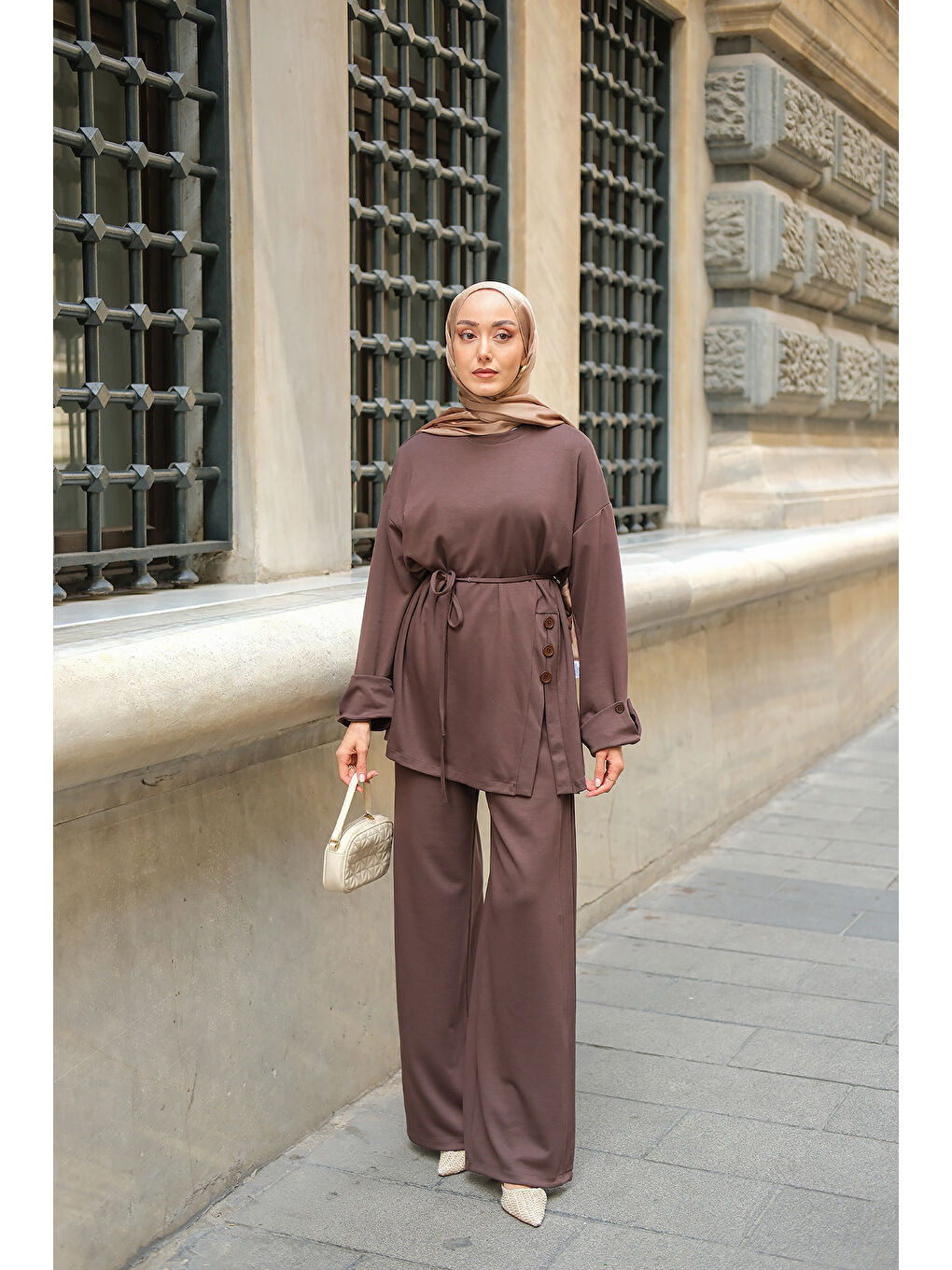 Kadın Yan Düğme Detay Takım Kahverengi