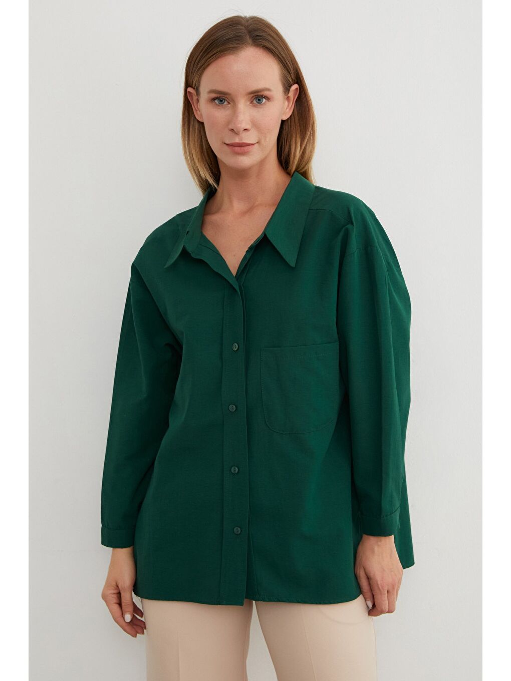 Yeşil Basic Tek Cepli Oversize Gömlek-1