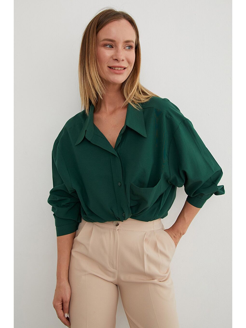 Yeşil Basic Tek Cepli Oversize Gömlek-2