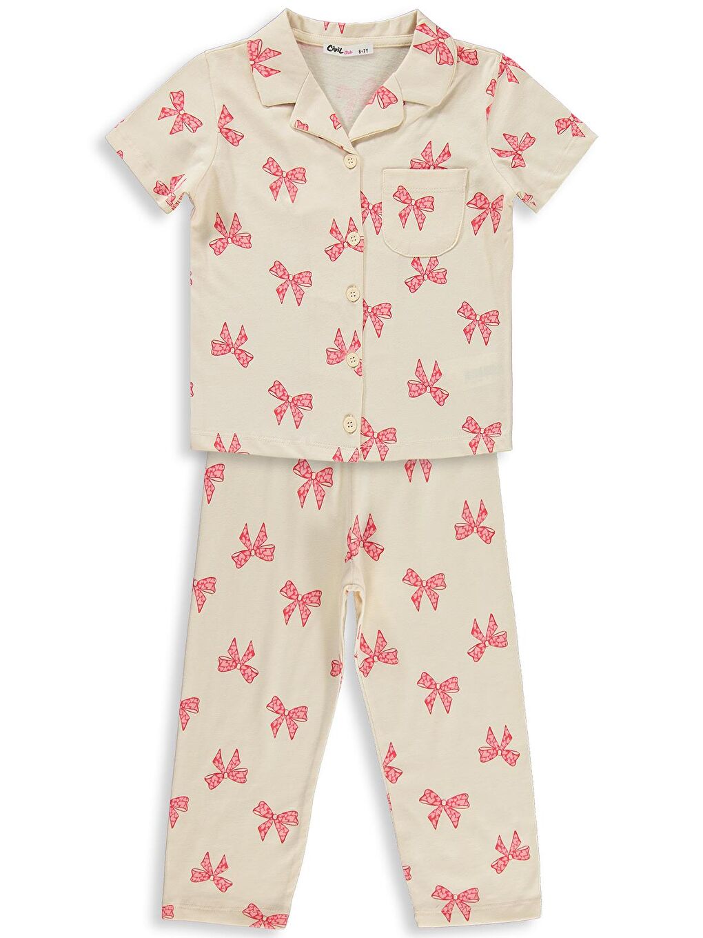 Bej Girls Fiyonk Desenli 10-13 Yaş Pijama Takımı - Fil Dişi