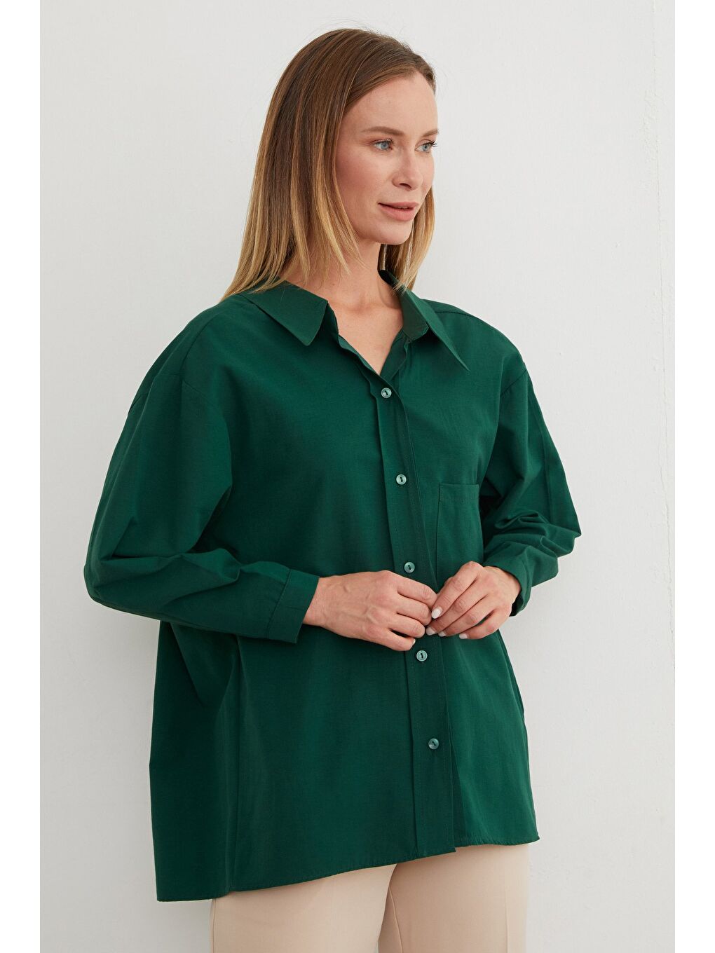 Yeşil Basic Tek Cepli Oversize Gömlek-3