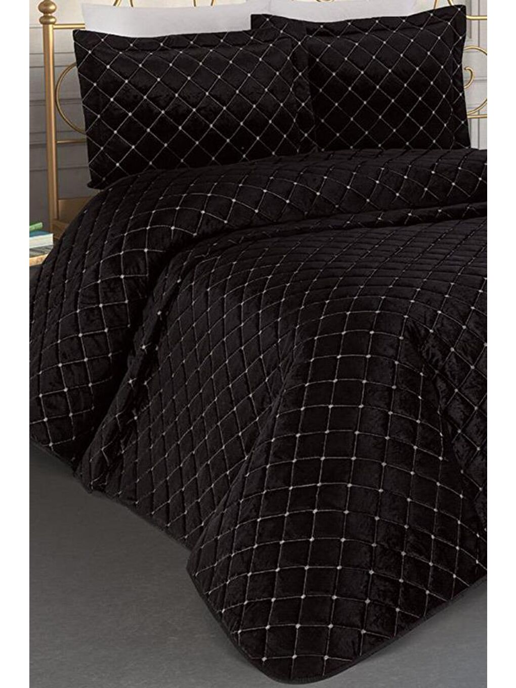 Dessert Kadife Çift Kişilik Yatak Örtüsü Siyah-1