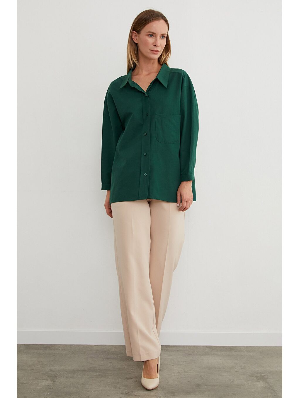 Yeşil Basic Tek Cepli Oversize Gömlek-4