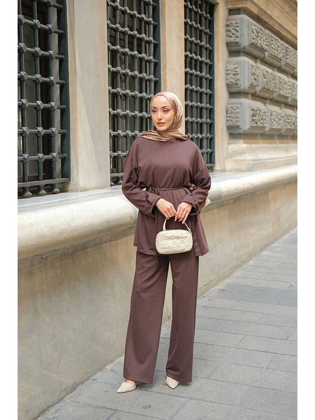 Kadın Yan Düğme Detay Takım Kahverengi-1