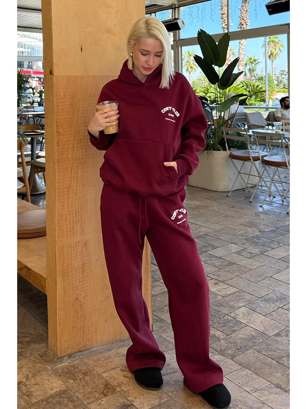 Bordo Kapüşonlu Baskılı Kadın Eşofman Takımı Mg2524
