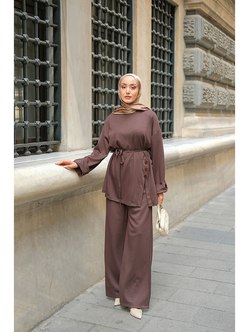 Kadın Yan Düğme Detay Takım Kahverengi-2